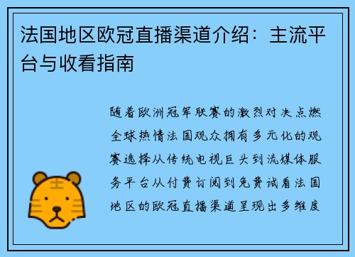 法国地区欧冠直播渠道介绍：主流平台与收看指南